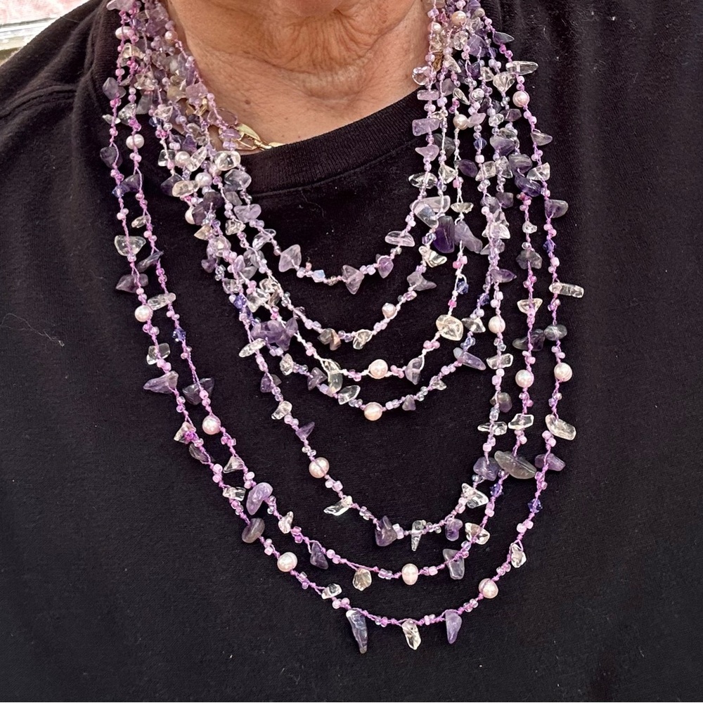 Amethyst, pearl cascading, tiered, necklace, - Picture 7 of 11